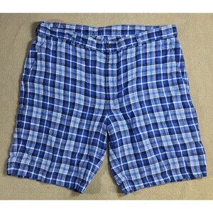 Jos. A. Bank Plaid Shorts Patchwork 100% Linen Casual Blue Mens Size‎ 38